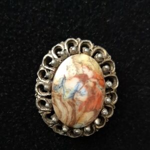 Beautiful Estate Jewelry Vintage Brooch Hand-painted Victorian-style Courting